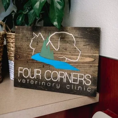 The Four Corners Veterinary Clinic wooden sign in the lobby